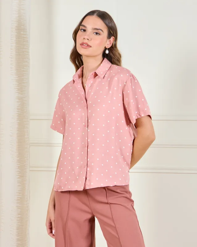 Women Pink Polka Dot Printed Button Front Shirt sold by Redtag