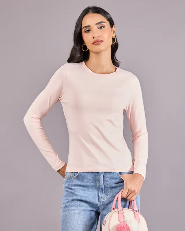 Women Pink Solid Long Sleeve Crew Neck T-Shirt sold by Redtag