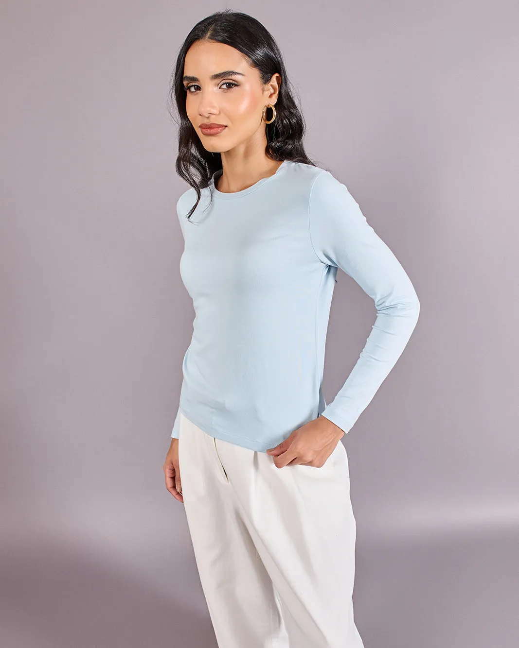 Women Blue Solid Long Sleeve Crew Neck T-Shirt sold by Redtag product image thumbnail 5