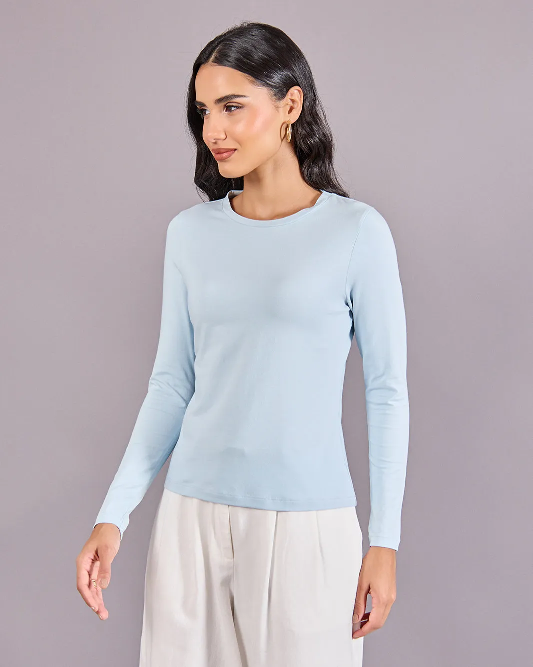 Women Blue Solid Long Sleeve Crew Neck T-Shirt sold by Redtag