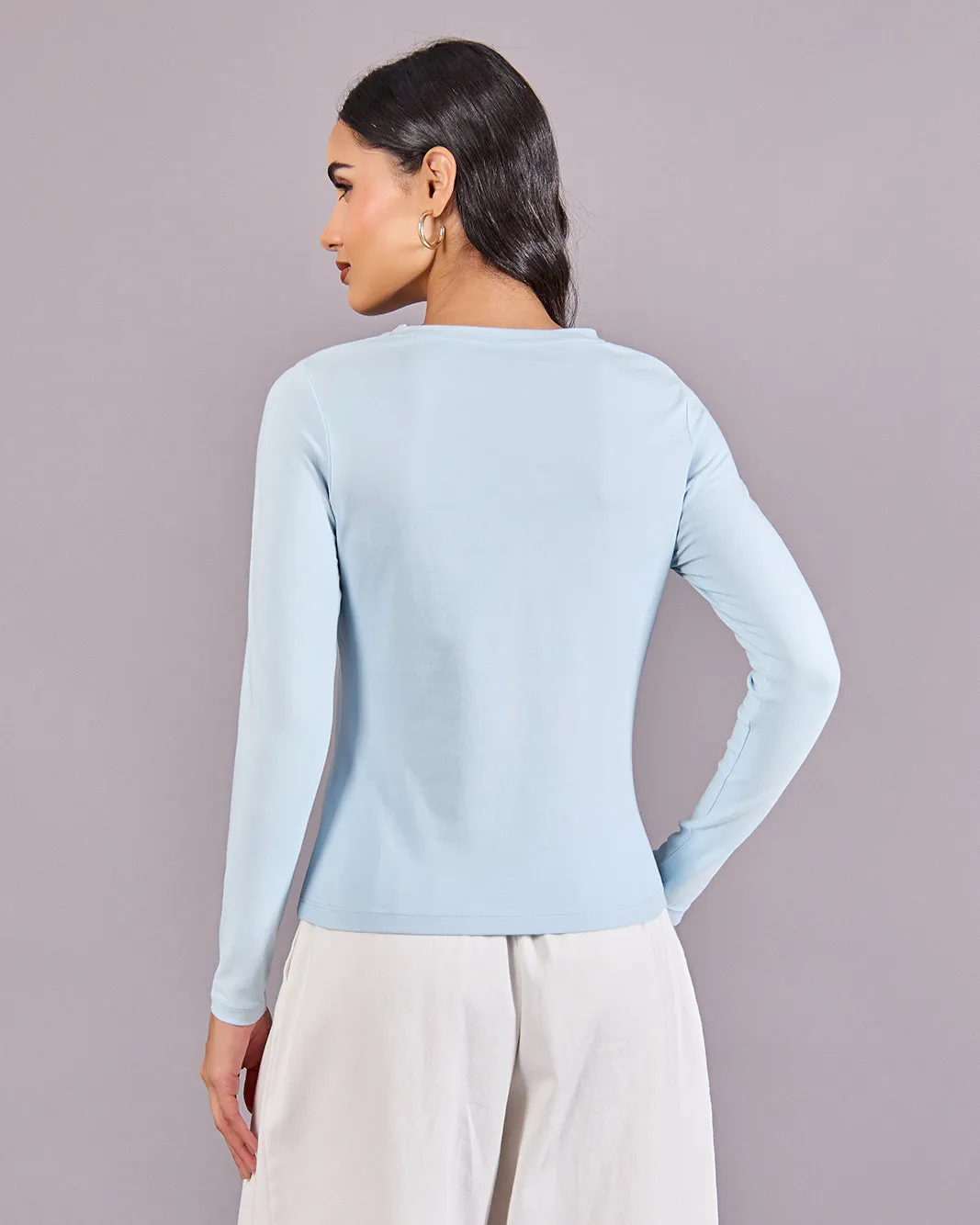 Women Blue Solid Long Sleeve Crew Neck T-Shirt sold by Redtag product image thumbnail 3