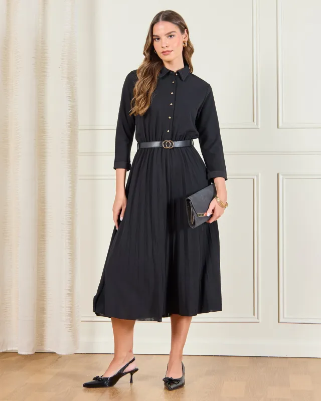 Women Black Belted Collared Dress sold by Redtag