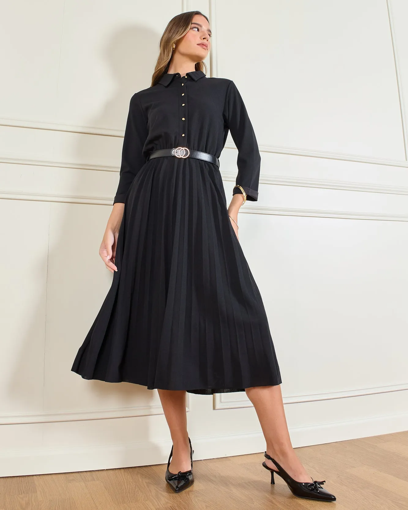Women Black Belted Collared Dress sold by Redtag product image thumbnail 5