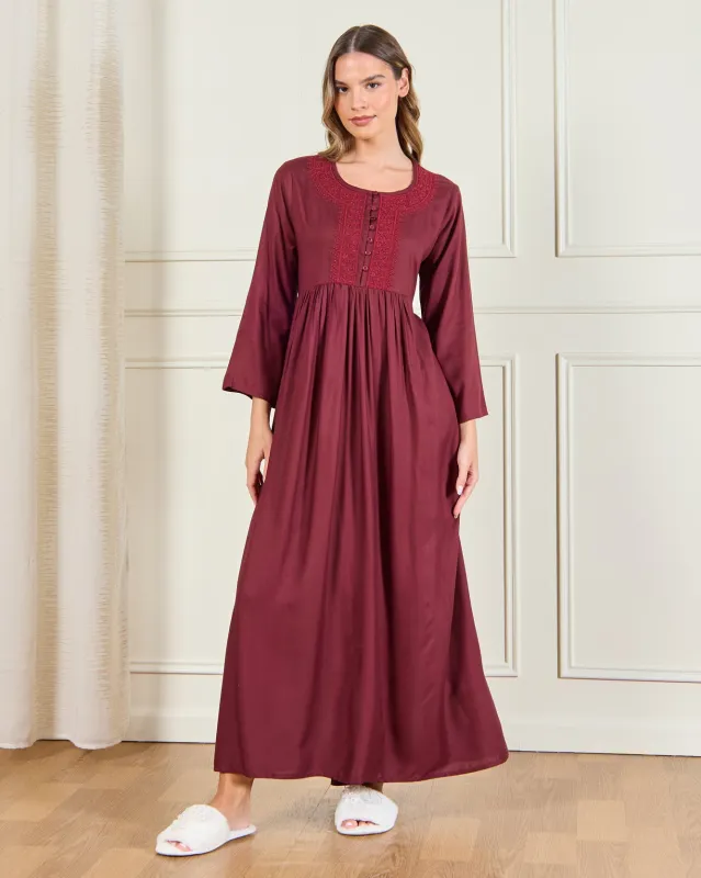Women Burgundy Embellished Nightgown made by Redtag