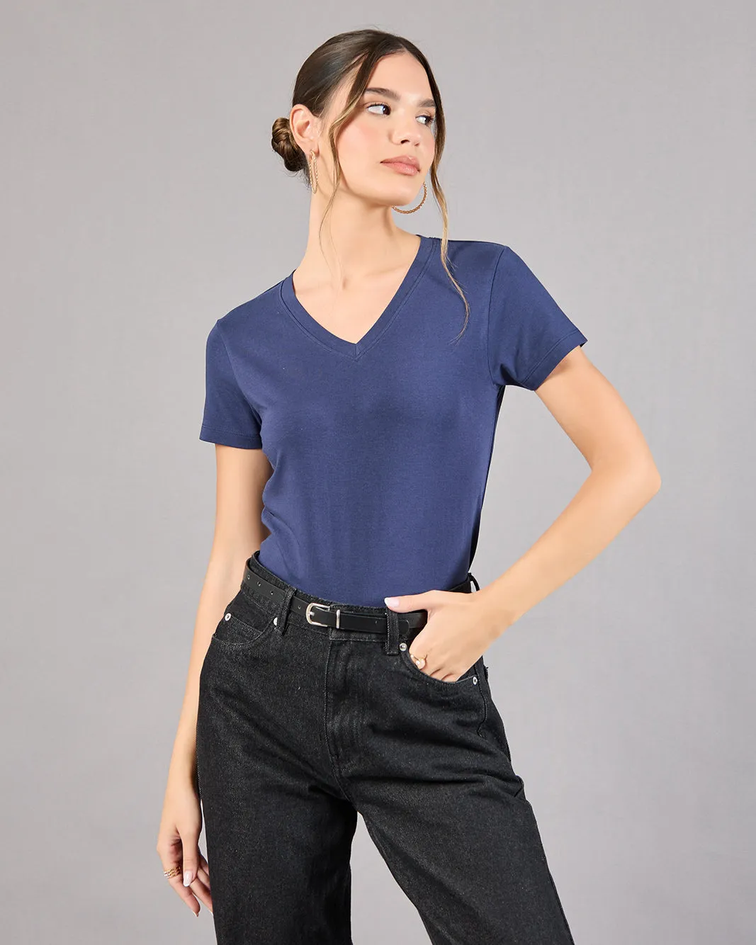 Women Navy Short Sleeve V-Neck T-Shirt sold by Redtag