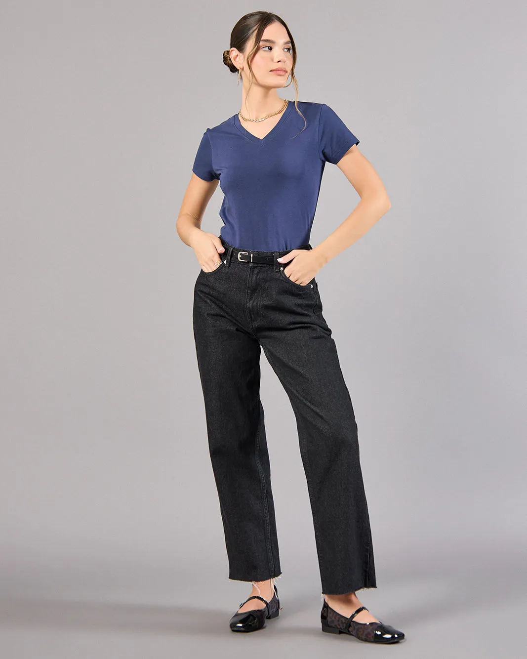 Women Navy Short Sleeve V-Neck T-Shirt sold by Redtag product image thumbnail 2