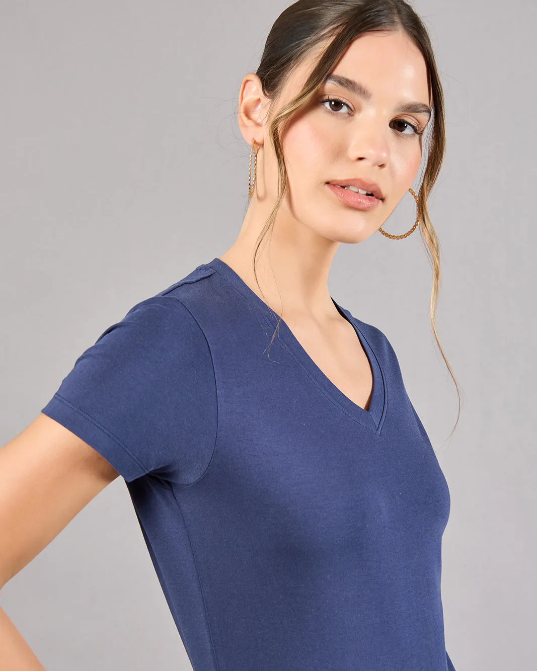 Women Navy Short Sleeve V-Neck T-Shirt sold by Redtag product image thumbnail 4