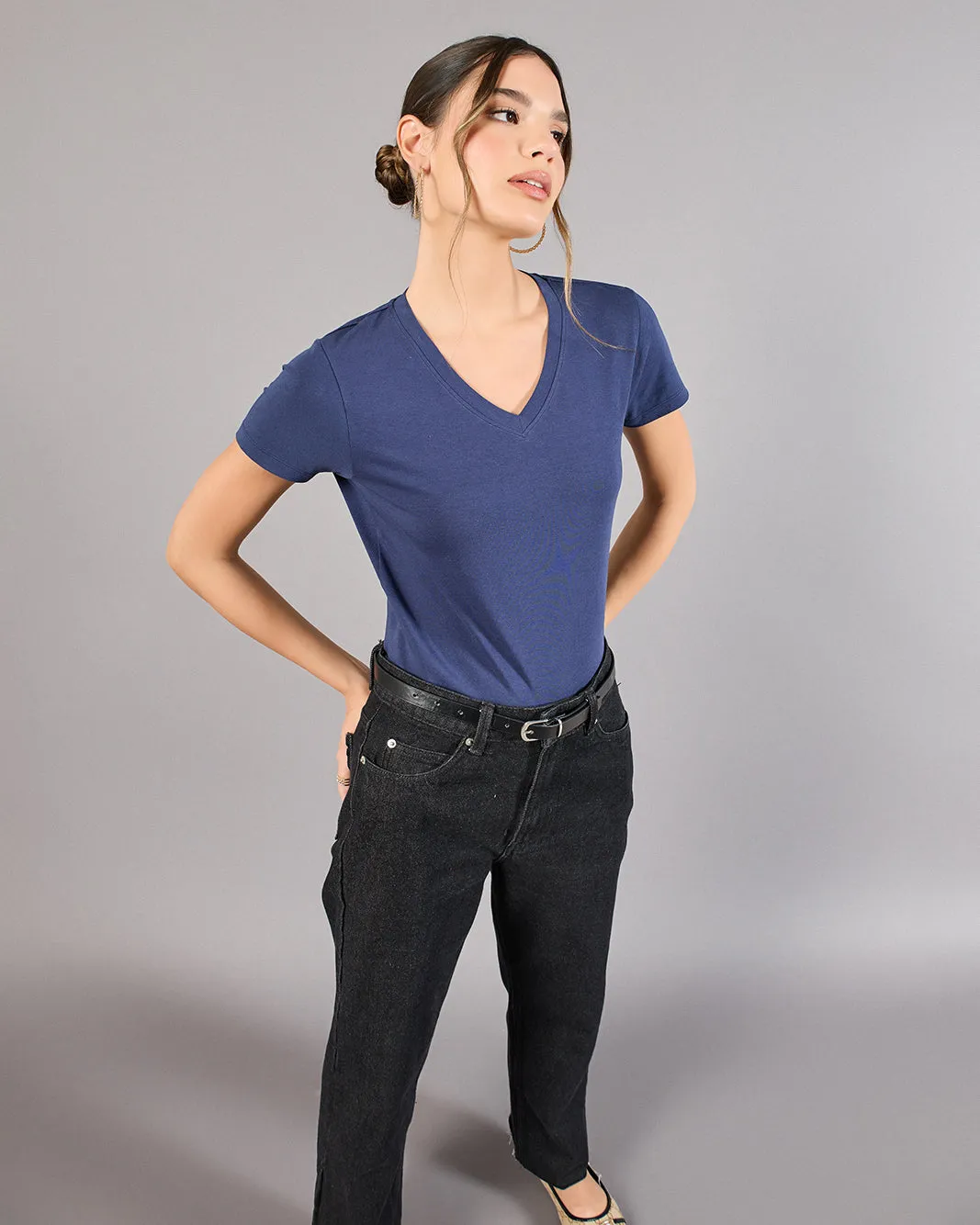 Women Navy Short Sleeve V-Neck T-Shirt sold by Redtag product image thumbnail 5
