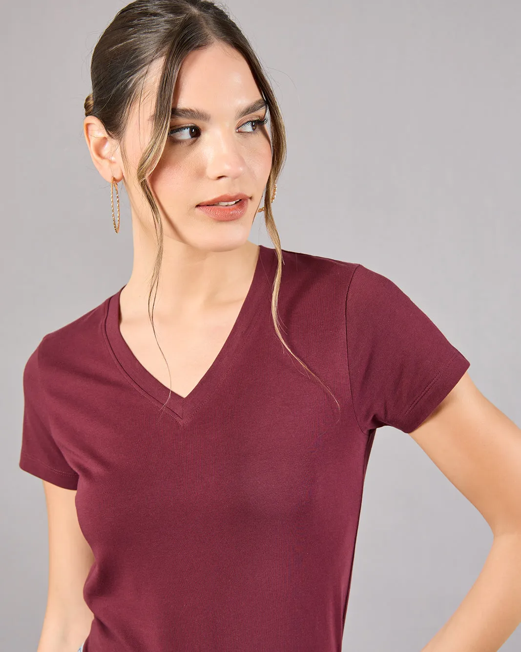Women Burgundy Short Sleeve V-Neck T-Shirt sold by Redtag product image thumbnail 4