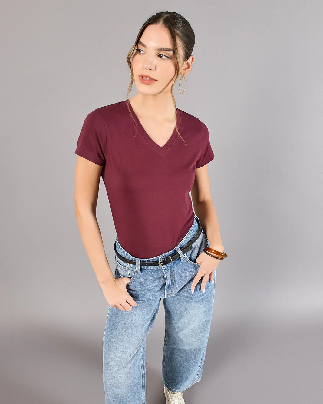 Women Burgundy Short Sleeve V-Neck T-Shirt sold by Redtag product image thumbnail 5