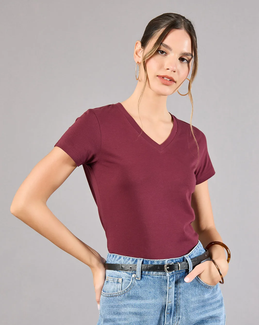 Women Burgundy Short Sleeve V-Neck T-Shirt sold by Redtag