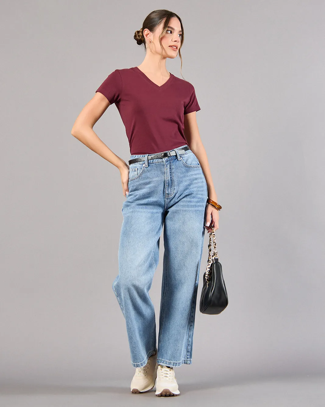 Women Burgundy Short Sleeve V-Neck T-Shirt sold by Redtag product image thumbnail 2