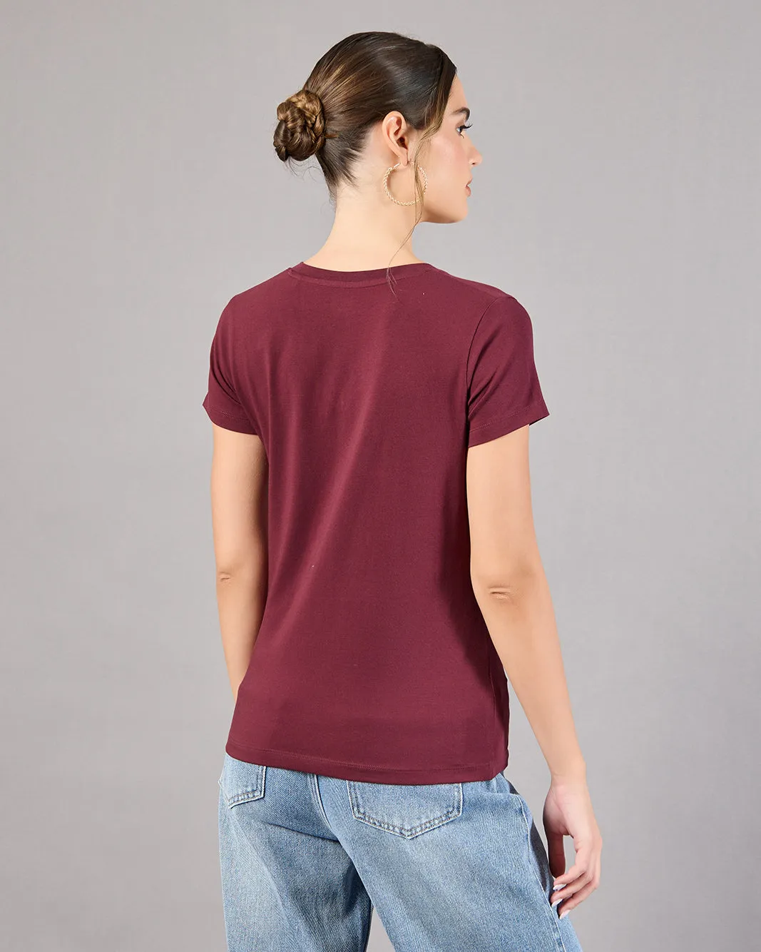 Women Burgundy Short Sleeve V-Neck T-Shirt sold by Redtag product image thumbnail 3