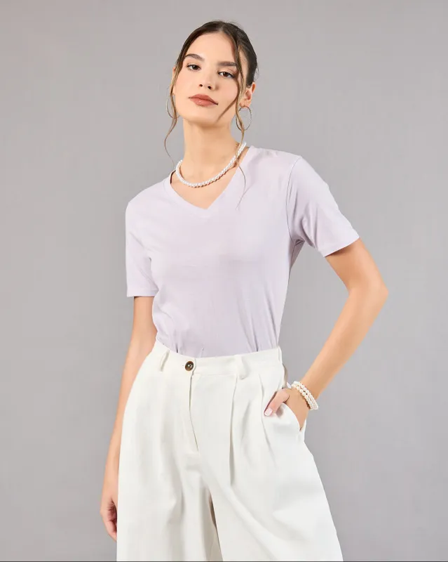 Women Lilac Short Sleeve V-Neck T-Shirt sold by Redtag