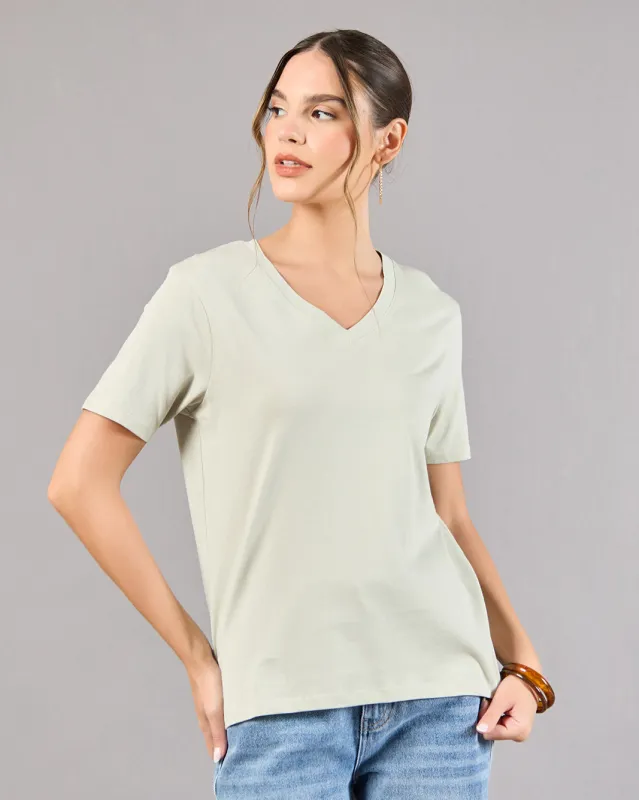 Women Green Short Sleeve V-Neck T-Shirt sold by Redtag