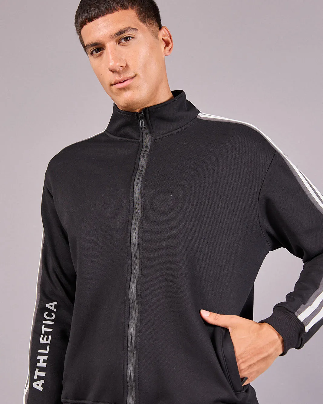 Men Black High Neck Zip Open Sweatshrirt sold by Redtag product image thumbnail 4
