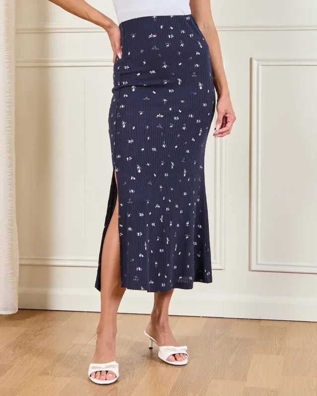 Women Navy Printed Rib Skirt sold by Redtag