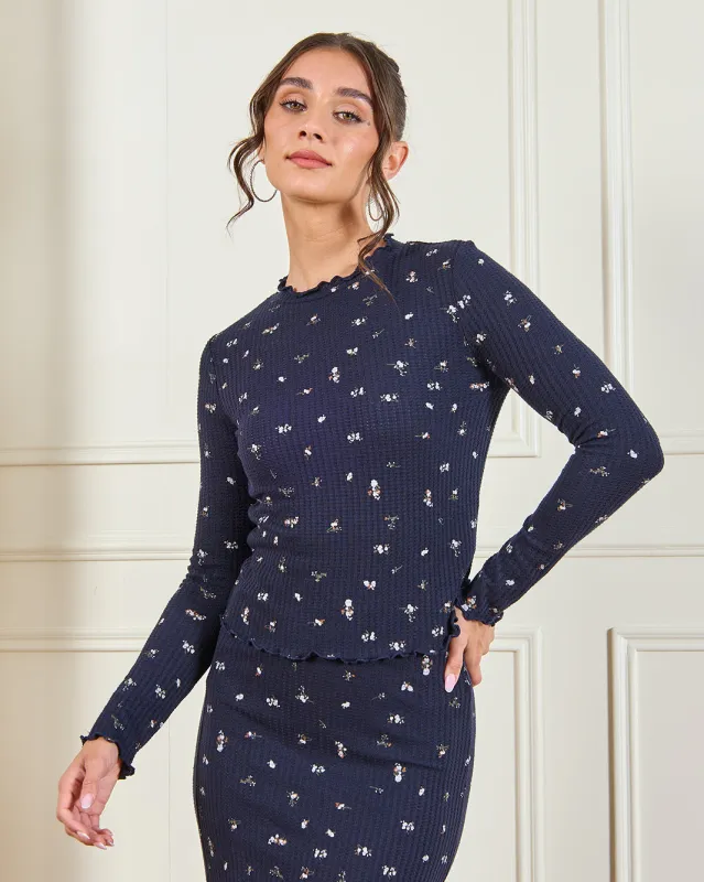 Women Navy Printed Rib Top sold by Redtag