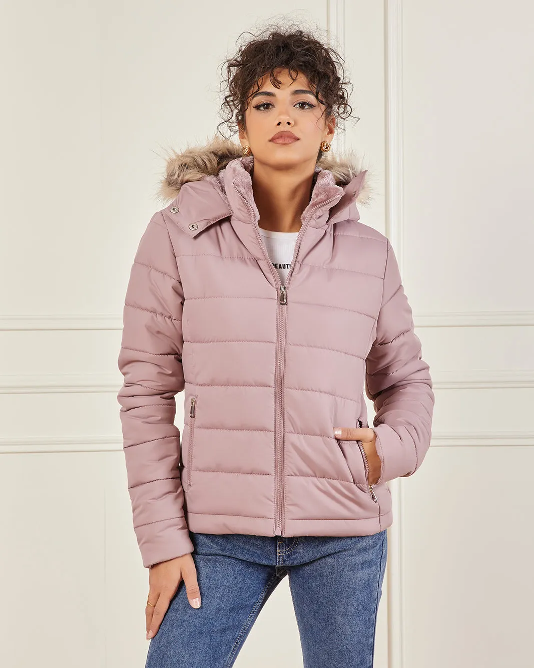 Women Pink Hooded Puffer Jacket sold by Redtag