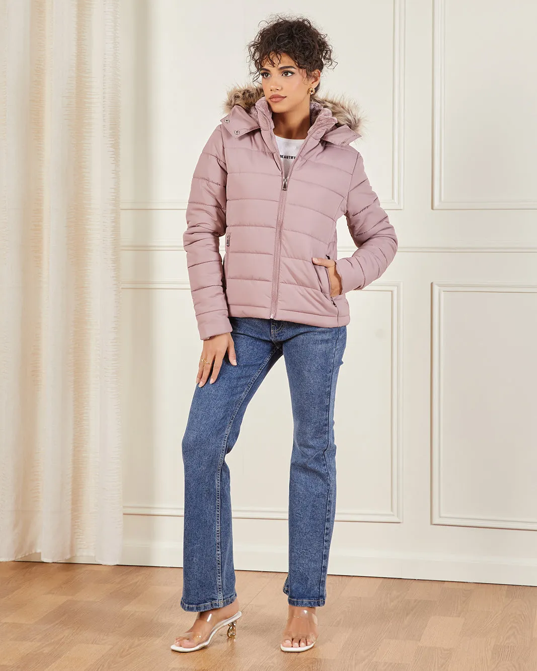 Women Pink Hooded Puffer Jacket sold by Redtag product image thumbnail 2