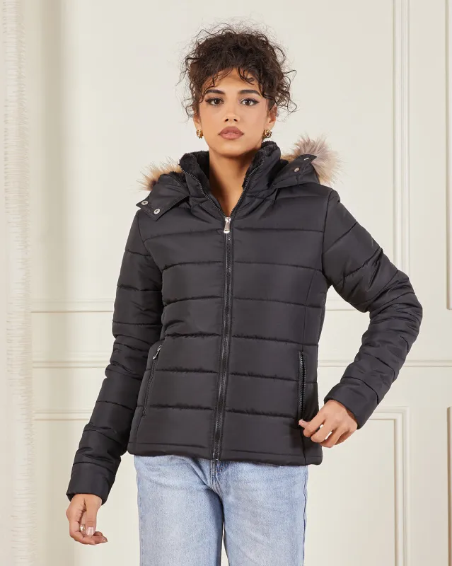 Women Black Hooded Puffer Jacket sold by Redtag