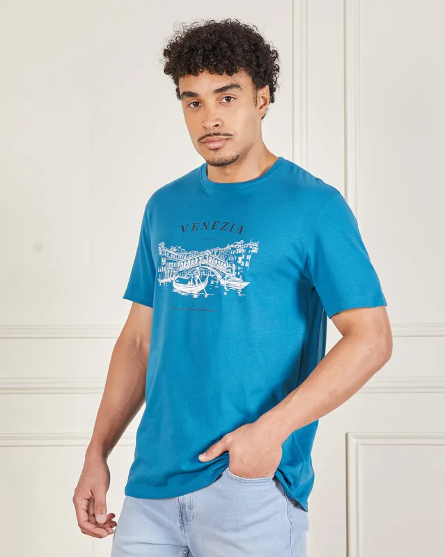 Men Blue Basic Printed T-Shirt sold by Redtag