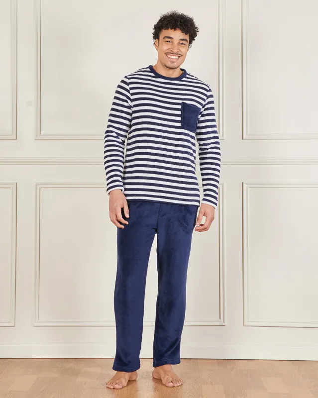 Men Navy And White Striped Cosy Fleece Pyjama Set (2 Piece) sold by Redtag