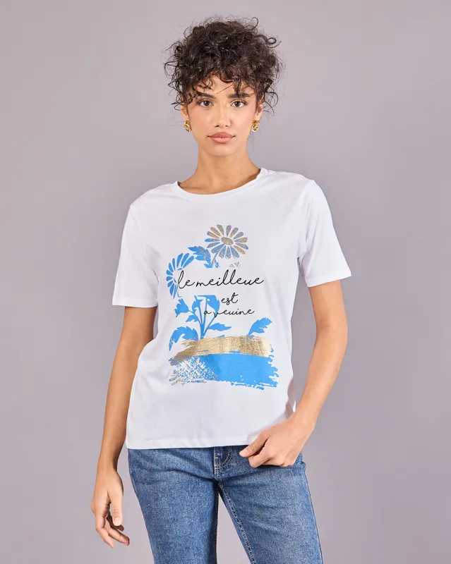 Women White Printed Graphic Foil T-Shirt sold by Redtag