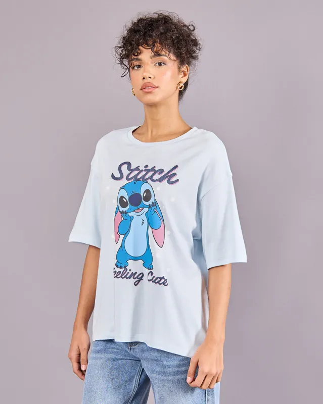 Women Blue Stitch Printed Oversized T-Shirt sold by Redtag