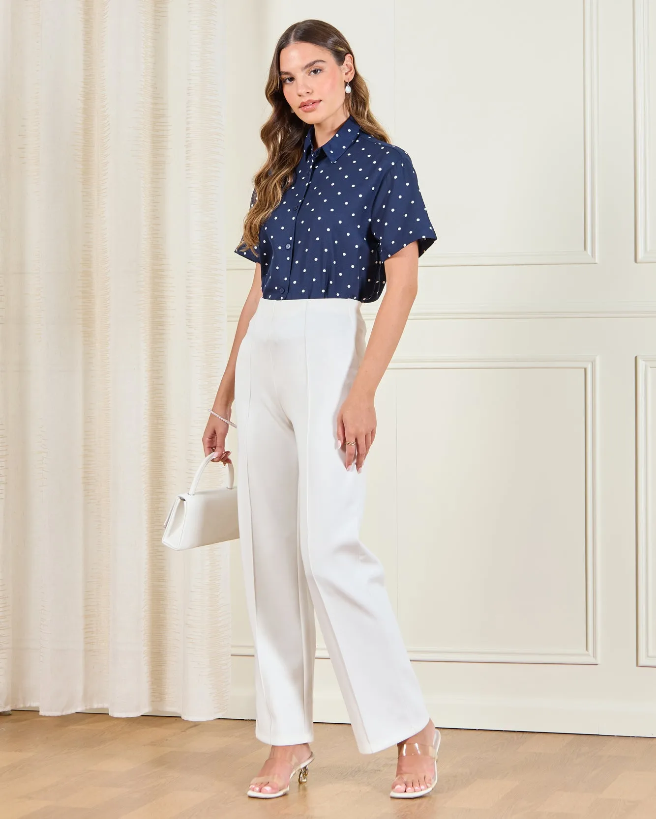 Women Navy Polka Dot Printed Button Front Shirt sold by Redtag product image thumbnail 2