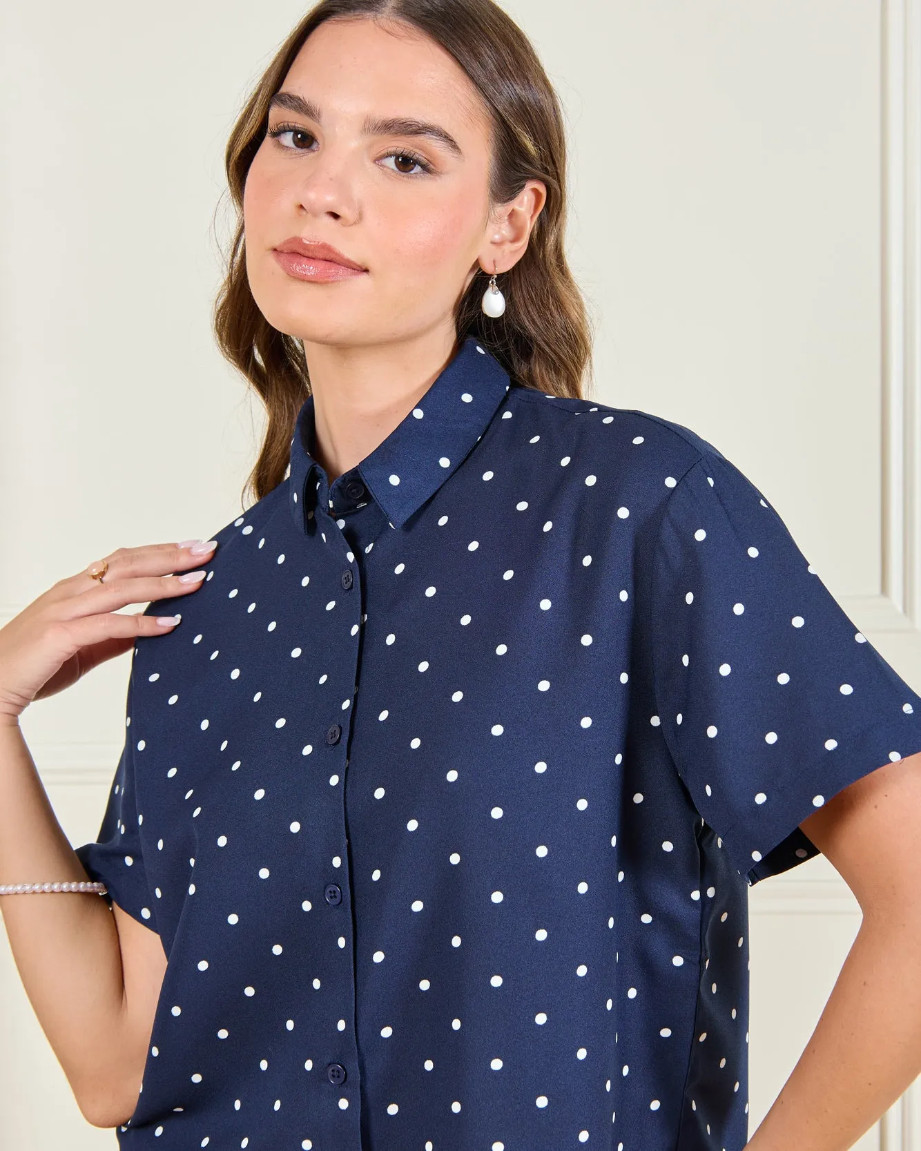 Women Navy Polka Dot Printed Button Front Shirt sold by Redtag product image thumbnail 4
