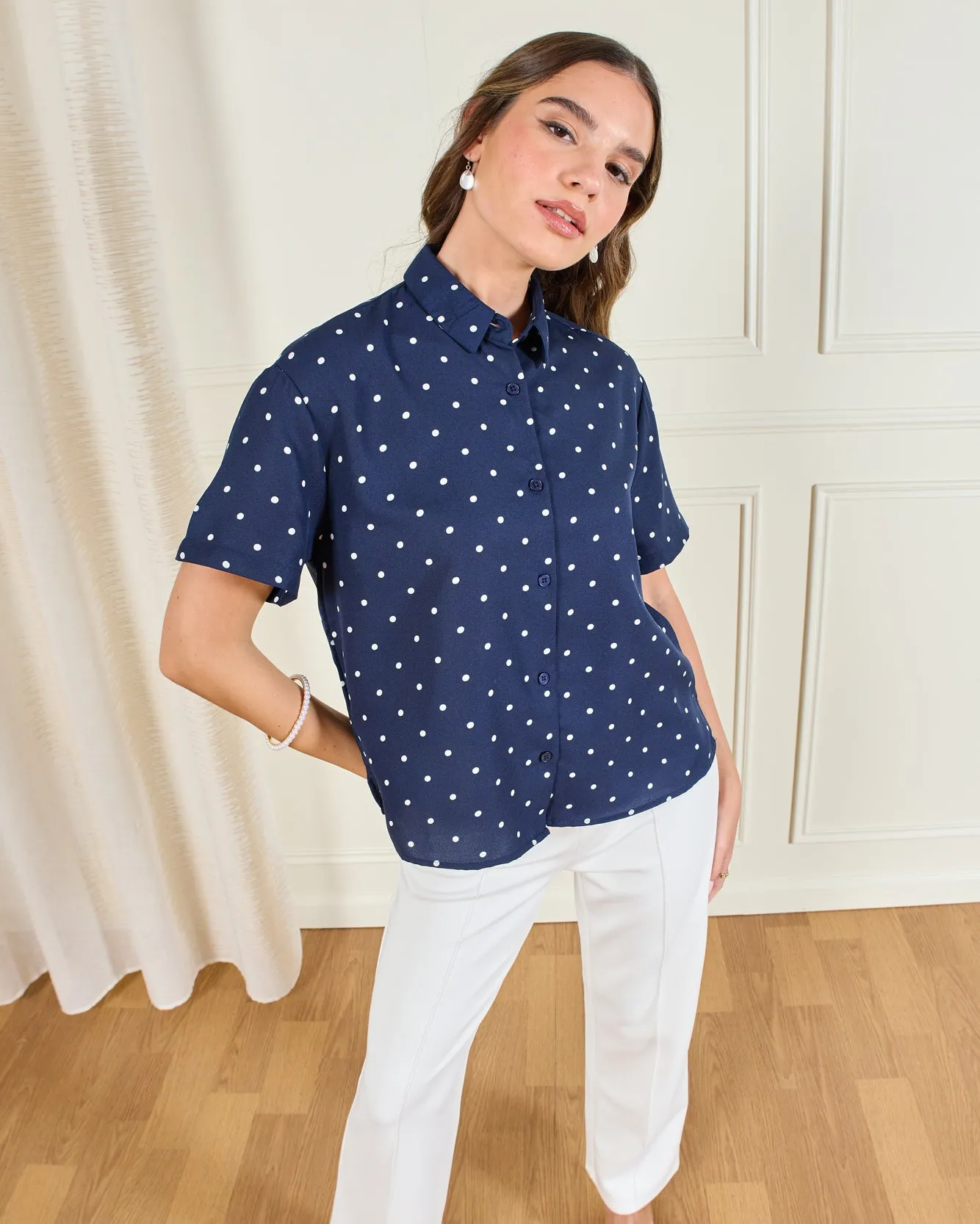 Women Navy Polka Dot Printed Button Front Shirt sold by Redtag product image thumbnail 5