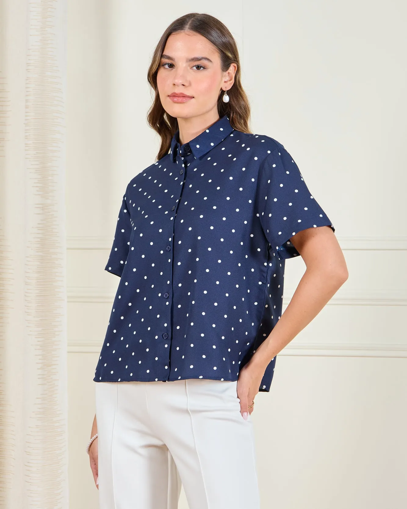 Women Navy Polka Dot Printed Button Front Shirt sold by Redtag