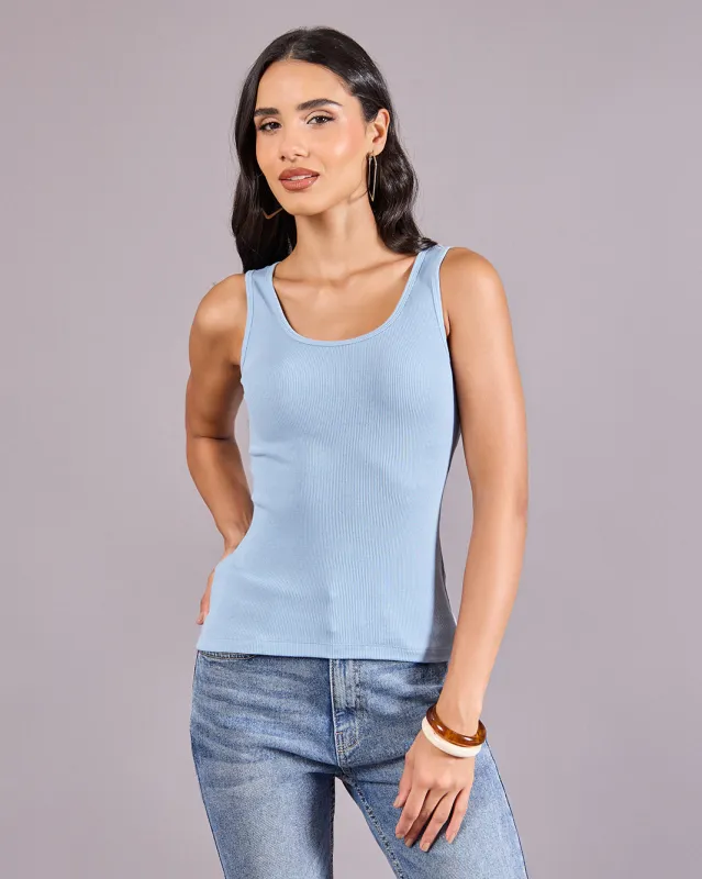 Women Light Blue Ribbed Tank Top sold by Redtag