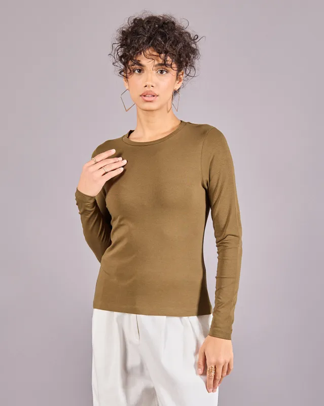 Women Brown Long Sleeve Basic T-Shirt sold by Redtag