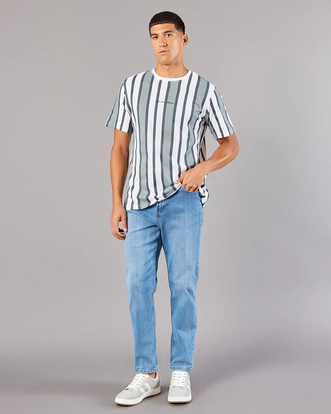 Men White Striped Basic T-Shirt sold by Redtag product image thumbnail 2