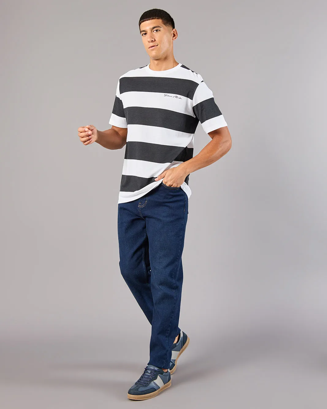 Men White And Black Striped Basic T-Shirt sold by Redtag product image thumbnail 2