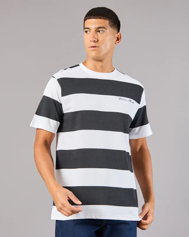 Men White And Black Striped Basic T-Shirt sold by Redtag