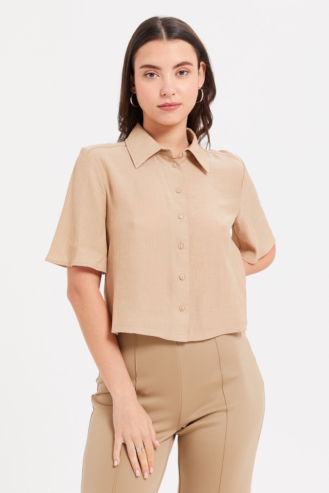 Women Beige Textured Collared Shirt sold by Redtag