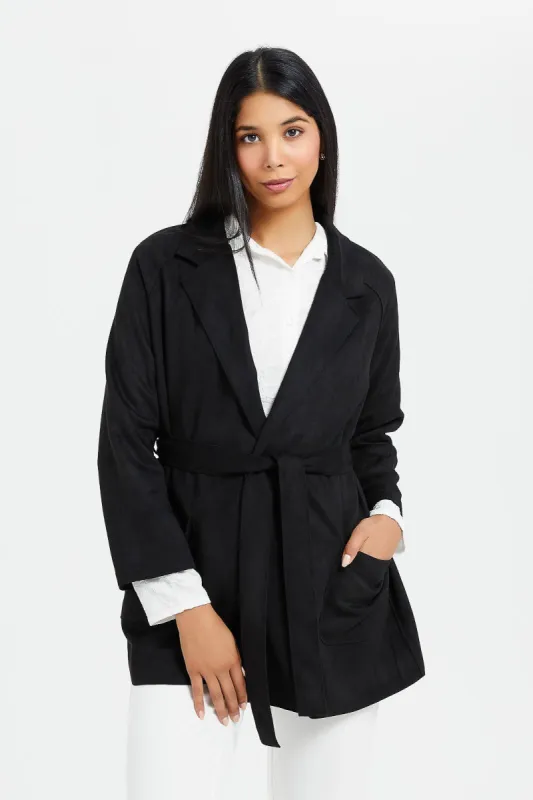 Women Black Belted Jacket sold by Redtag