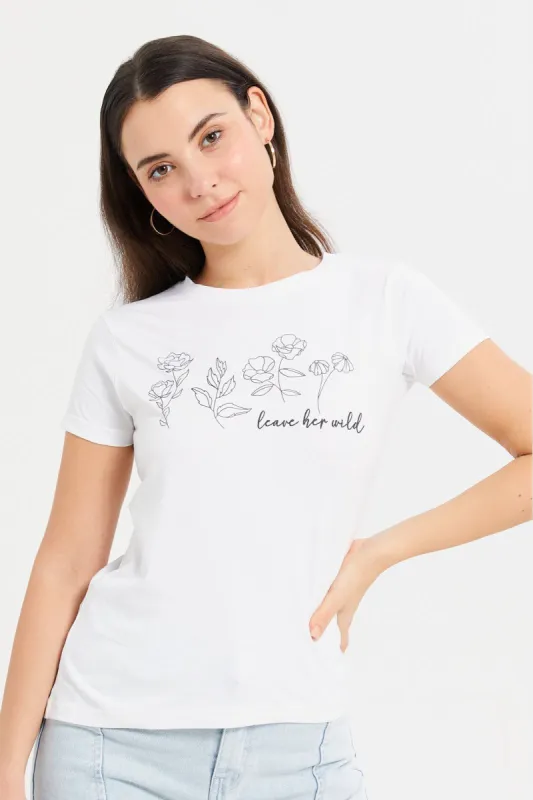 Women White Flower Printed T-Shirt sold by Redtag