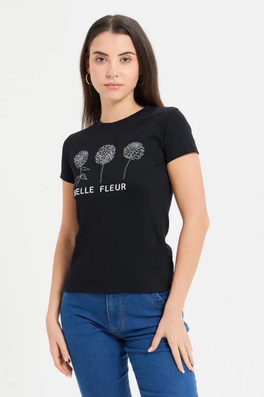 Women Black Flower Printed T-Shirt sold by Redtag