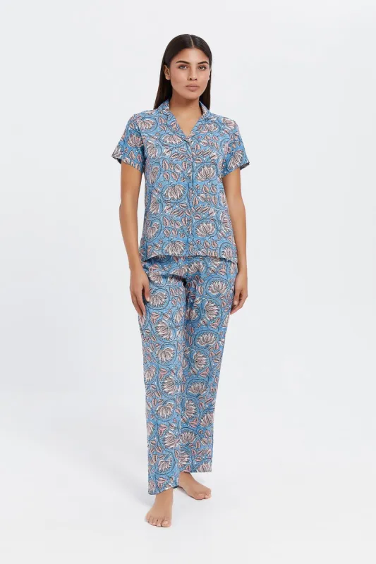 Women Blue Printed Pyjama Set (2 Piece) sold by Redtag