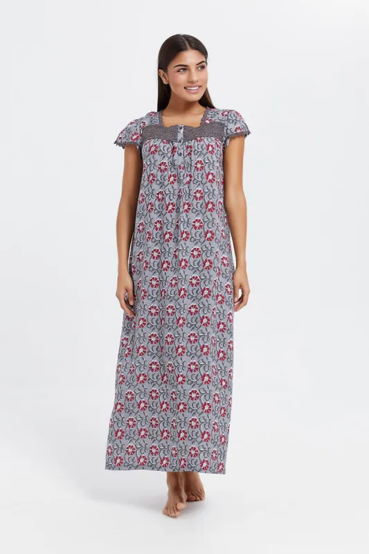 Women Grey Flower Cap Sleeves Nightgown sold by Redtag