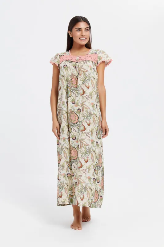 Women Ivory Flower Cap Sleeves Nightgown sold by Redtag