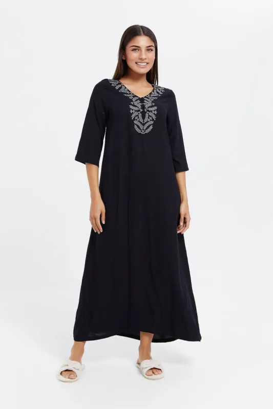 Women Black Embroidery Nightgown made by Redtag