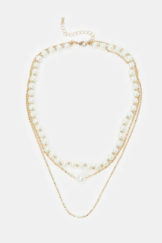 Women Gold Pearl Embellished Necklace sold by Redtag