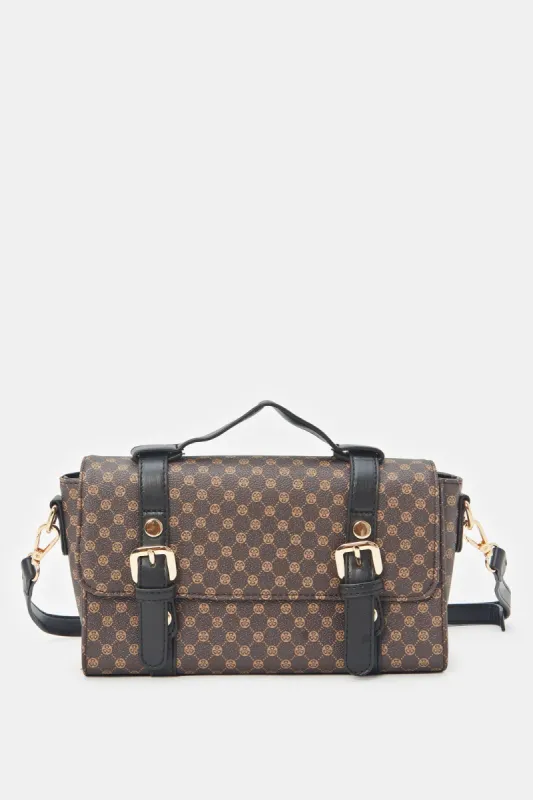 Women Black Monogram Print Satchel Bag sold by Redtag