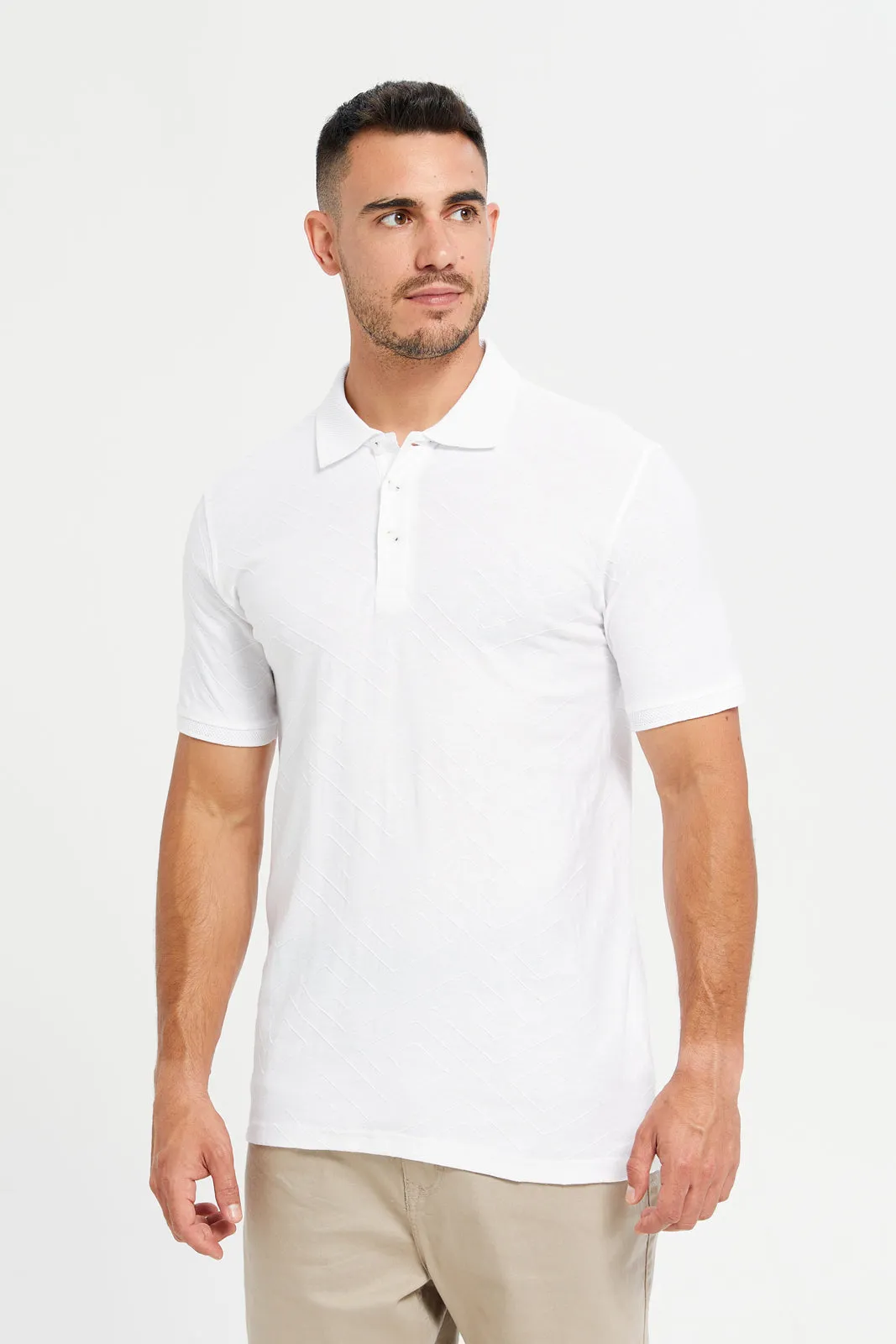 Men White Jacquard Polo T-Shirt sold by Redtag
