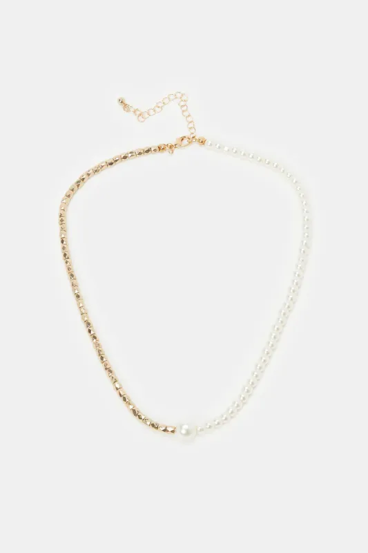 Women White And Gold Pearl Embellished Necklace sold by Redtag